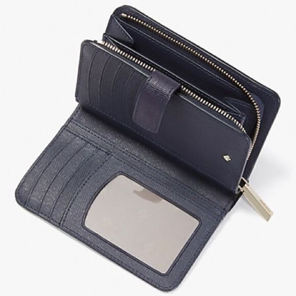 KATE SPADE PAPER BOATS SPENCER WALLET IN SQUID INK NAVY & WHITE LEATHER ZIP SNAP - Picture 3 of 6
